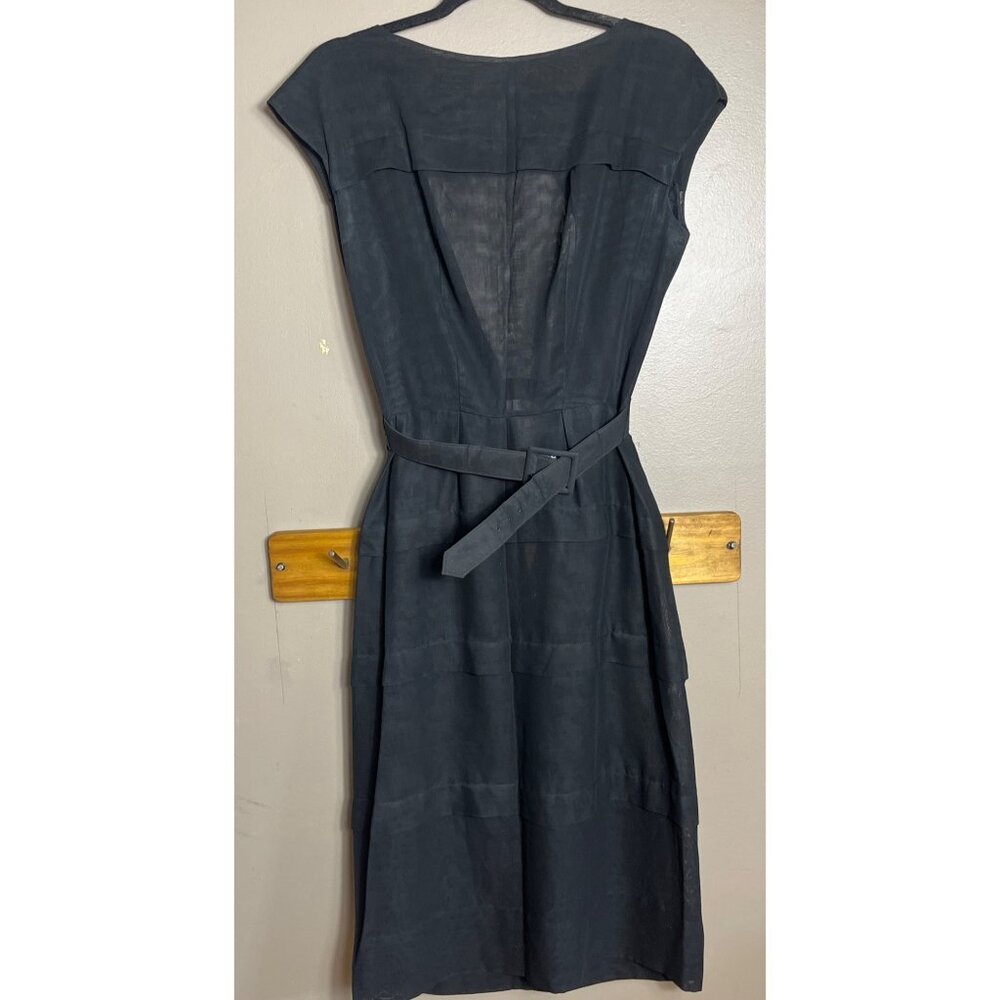 Vintage Black Dress Fitted Sheer Belt Midi Classic Cap Sleeve Pristine Womens S - Picture 12 of 12